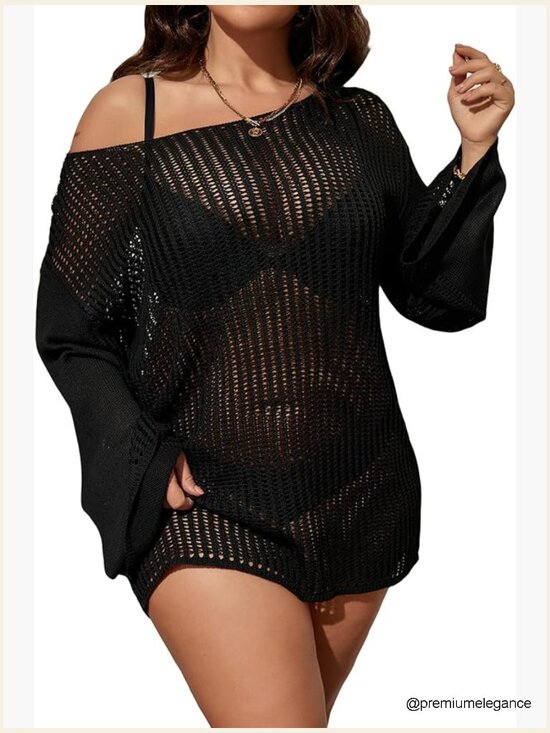 Other - Plus Size Sheer Mesh Long Sleeve Cover Up Dress Boat Neck Swimwear